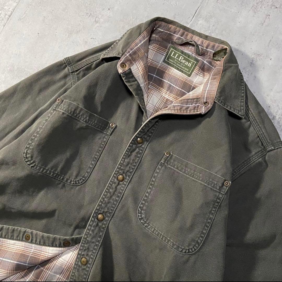 美品　L.L.Bean カーキ　シャツ チェック裏地付き　コットン　ロング丈