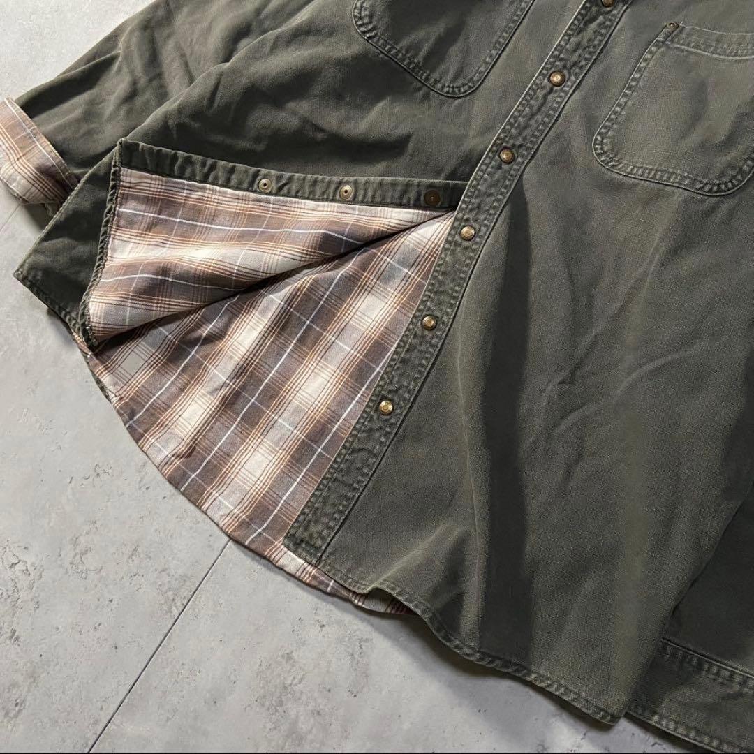 美品　L.L.Bean カーキ　シャツ チェック裏地付き　コットン　ロング丈