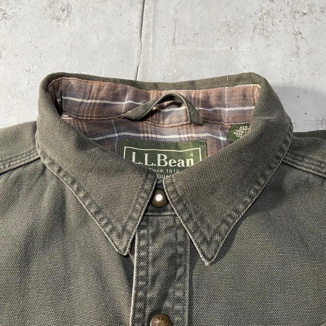美品　L.L.Bean カーキ　シャツ チェック裏地付き　コットン　ロング丈