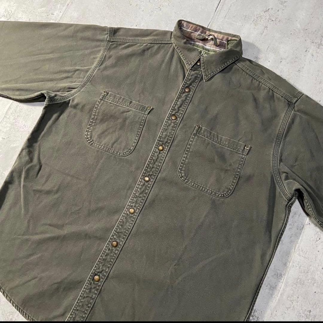 美品　L.L.Bean カーキ　シャツ チェック裏地付き　コットン　ロング丈