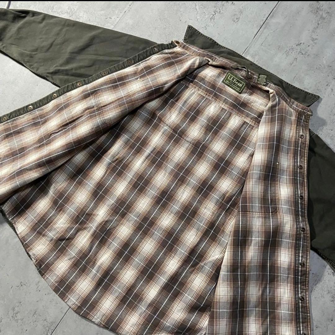 美品　L.L.Bean カーキ　シャツ チェック裏地付き　コットン　ロング丈