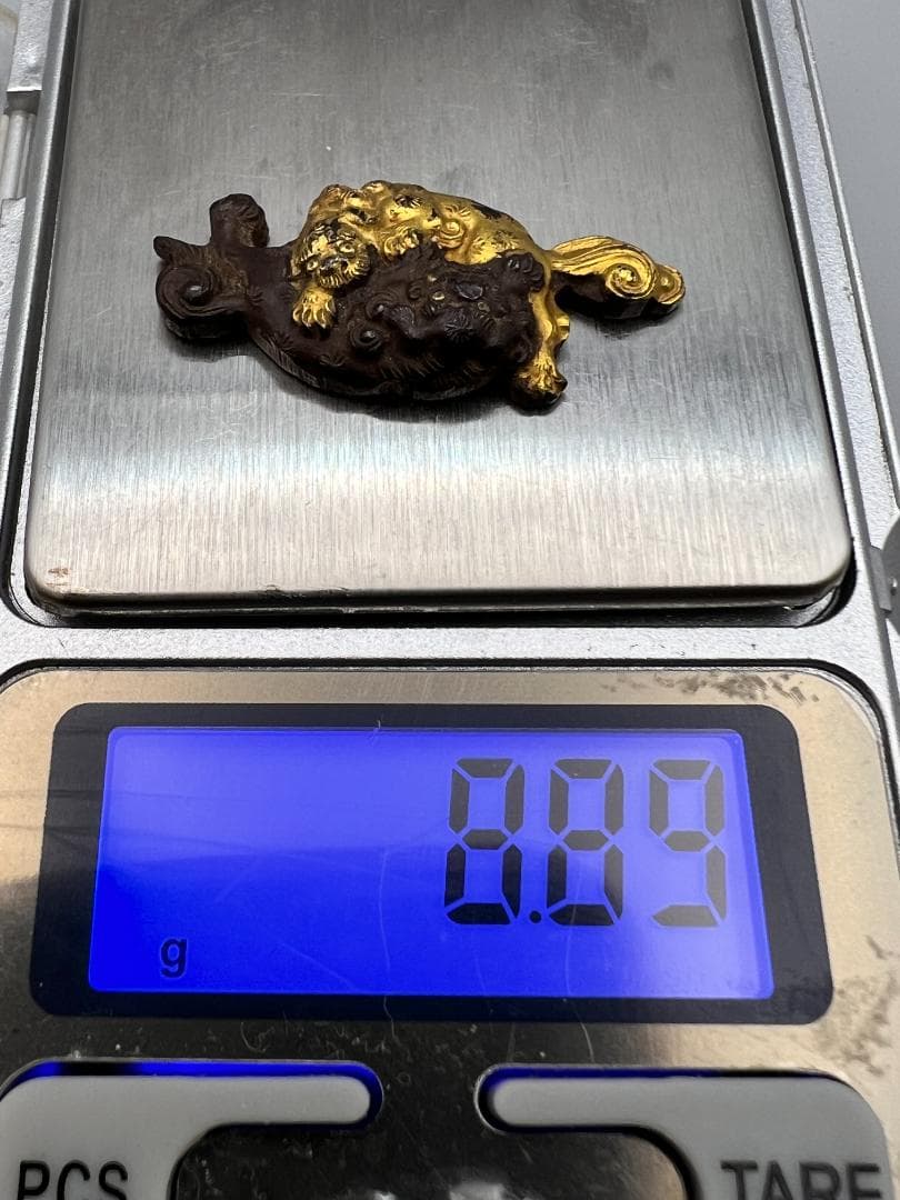 かえる　江戸明治期　獅子形　獅子2頭　手彫　金具　銅製鍍金　骨董品