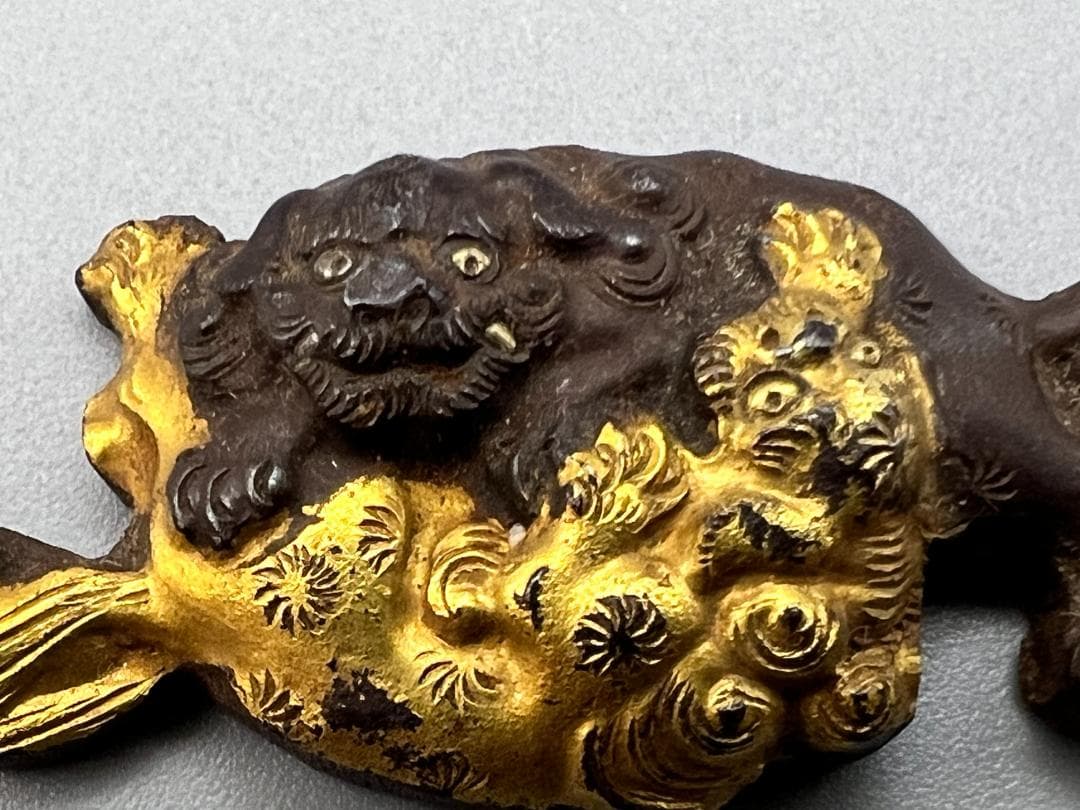 かえる　江戸明治期　獅子形　獅子2頭　手彫　金具　銅製鍍金　骨董品