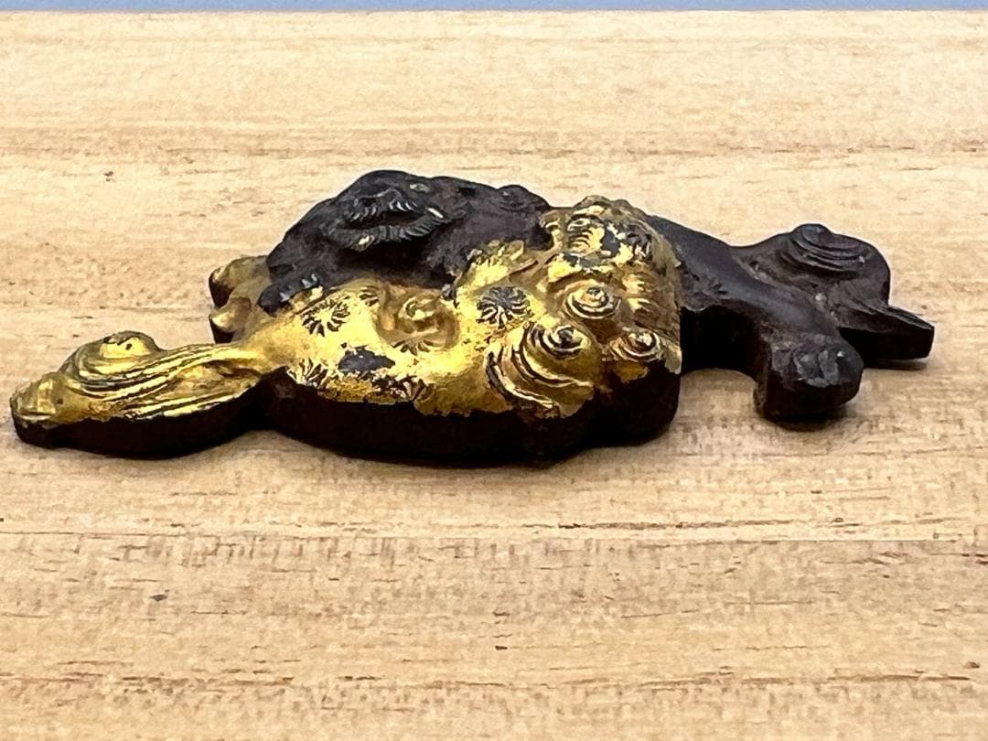 かえる　江戸明治期　獅子形　獅子2頭　手彫　金具　銅製鍍金　骨董品