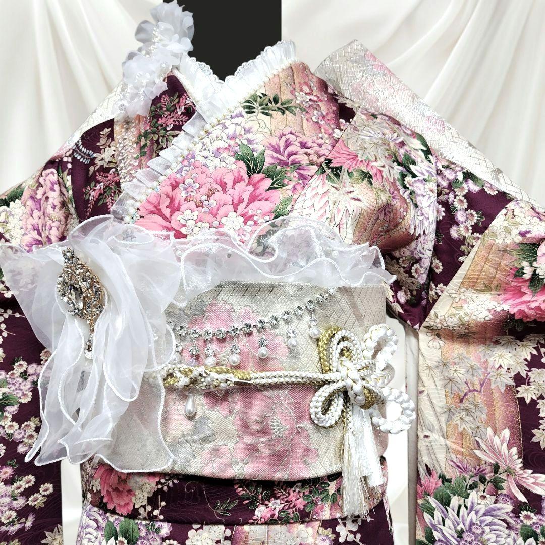 振袖フルセット(9点)・成人式・くすみ・紫・ピンク・金彩加工・胴裏正絹・逸品