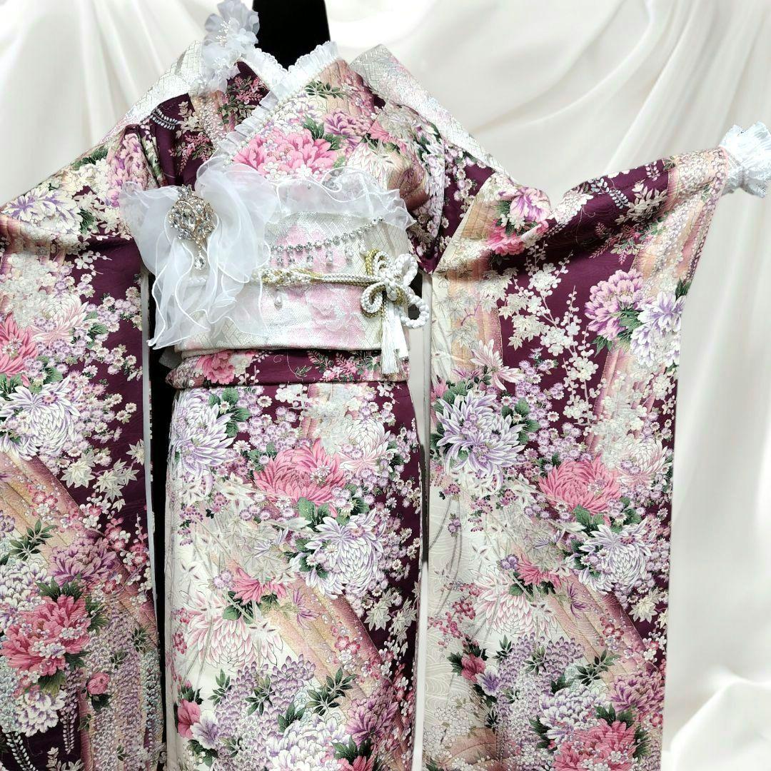 振袖フルセット(9点)・成人式・くすみ・紫・ピンク・金彩加工・胴裏正絹・逸品
