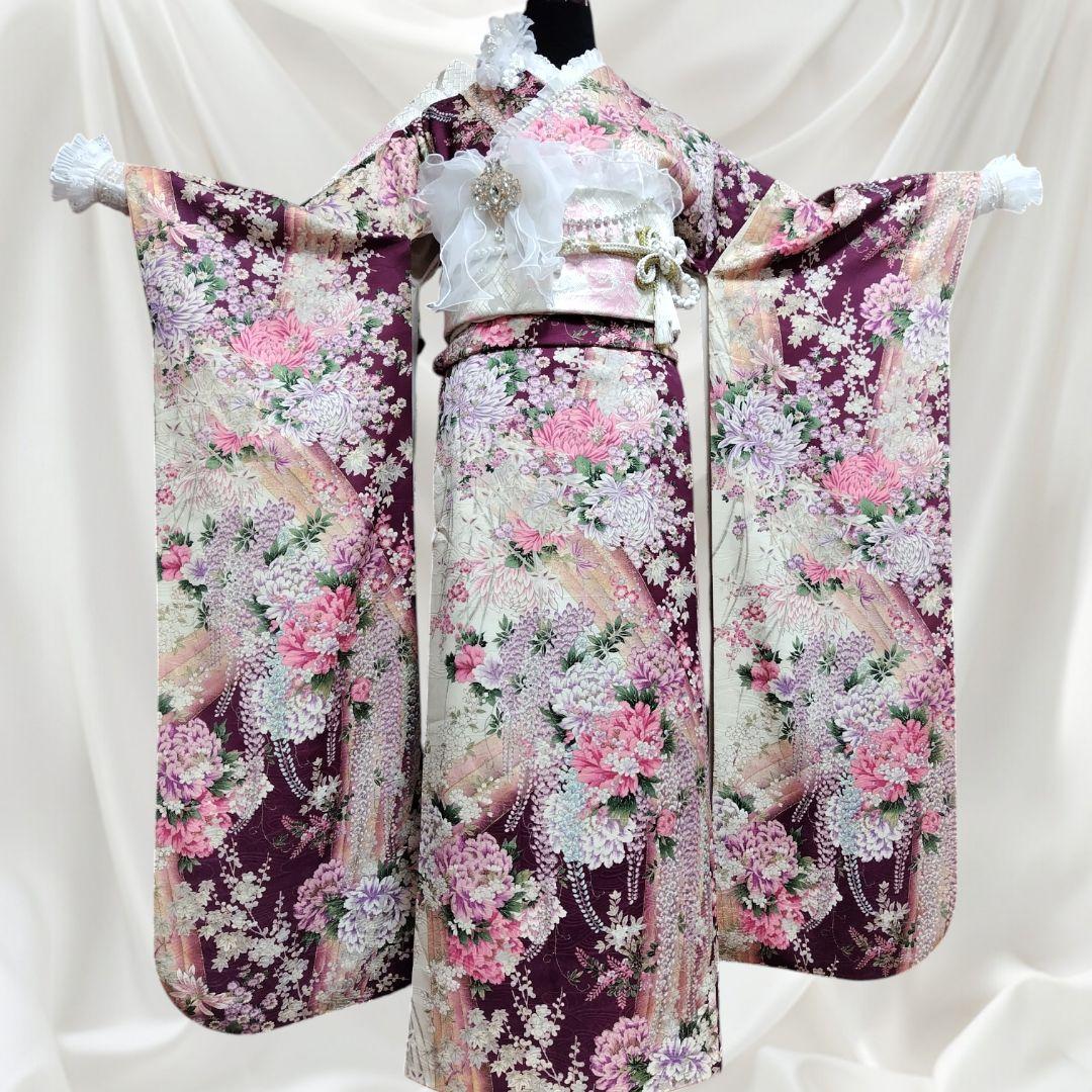 振袖フルセット(9点)・成人式・くすみ・紫・ピンク・金彩加工・胴裏正絹・逸品
