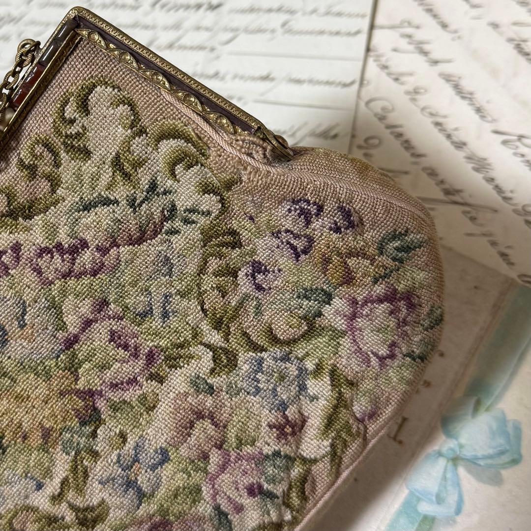 アンティーク　ヴィンテージ 花柄刺繍 クラッチバッグ　プチポワン　蚤の市