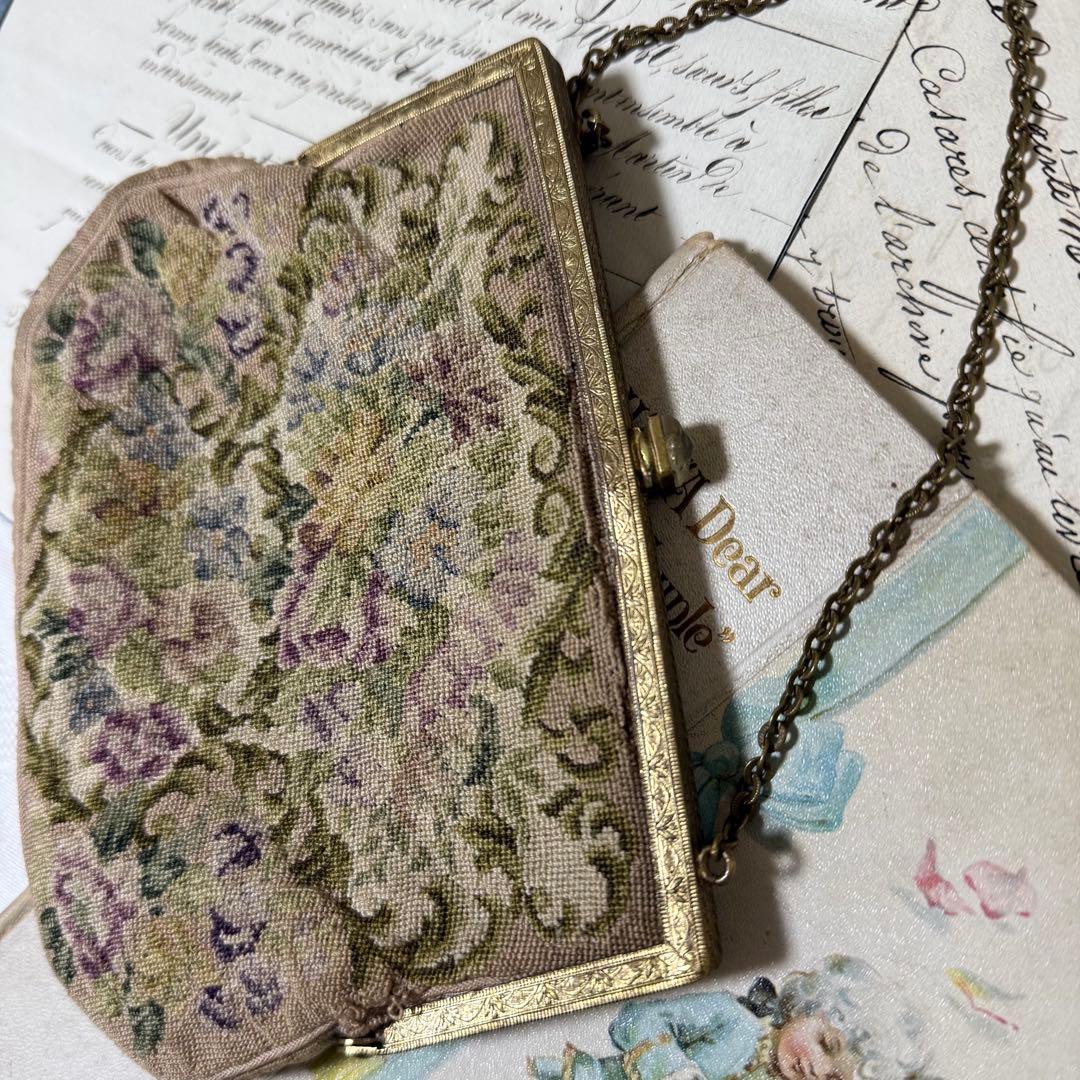 アンティーク　ヴィンテージ 花柄刺繍 クラッチバッグ　プチポワン　蚤の市