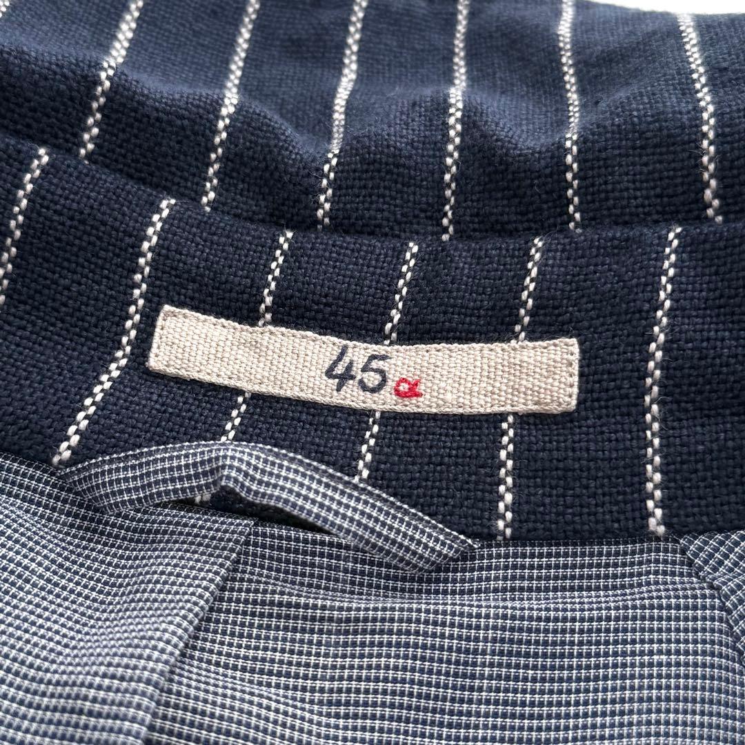 美品✨45R✨定価９万✨リネンストライプロングコート　ネイビー　Lサイズ　麻