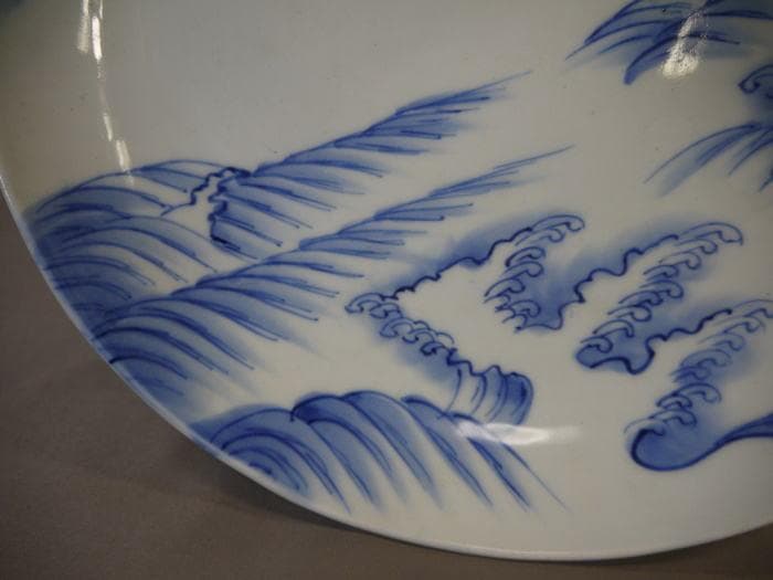 古伊万里　染付　河豚形　白波文　一尺皿　ふぐ　フグ　キズ無美品