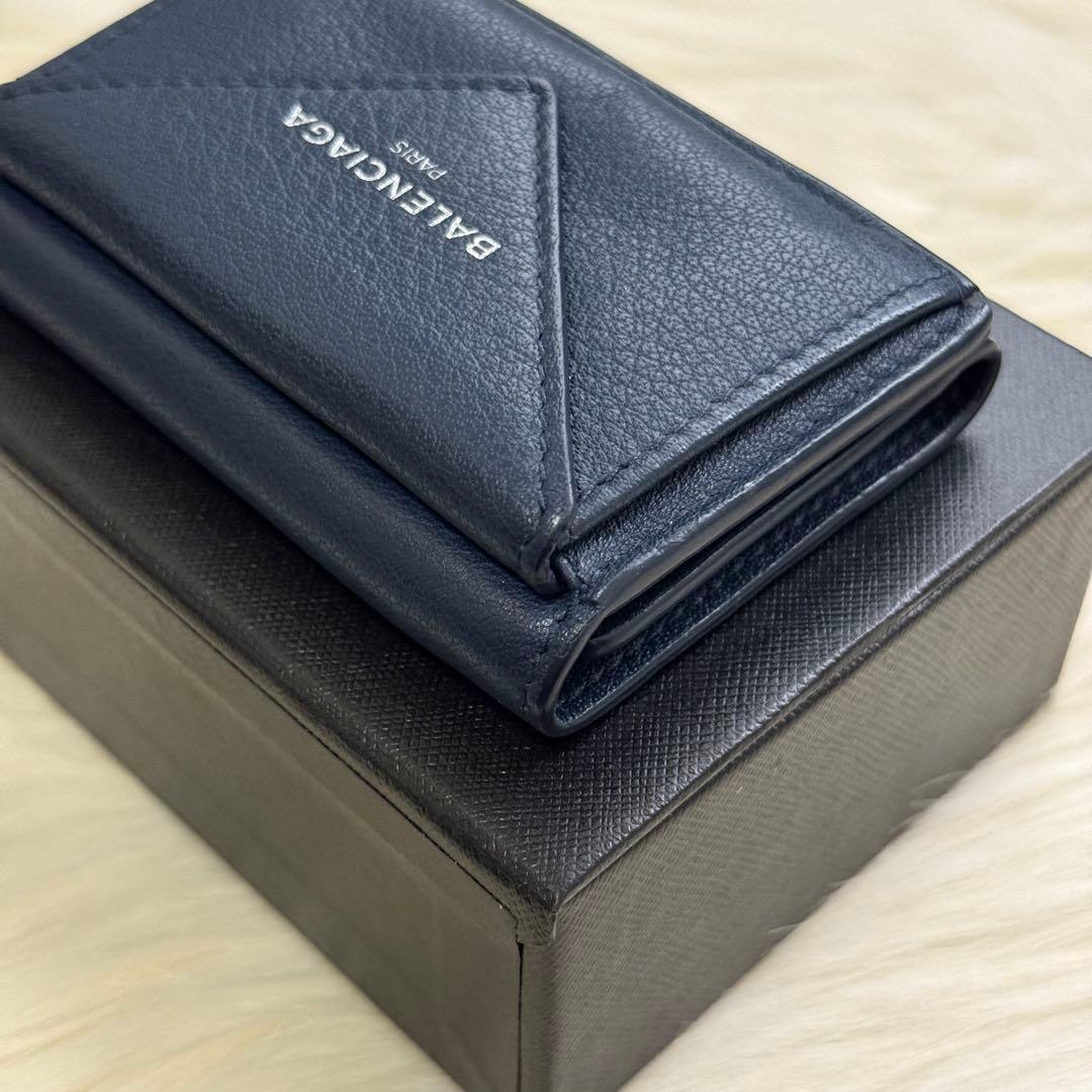 バレンシアガ ペーパー コンパクトウォレット レザー ネイビー 三つ折り財布