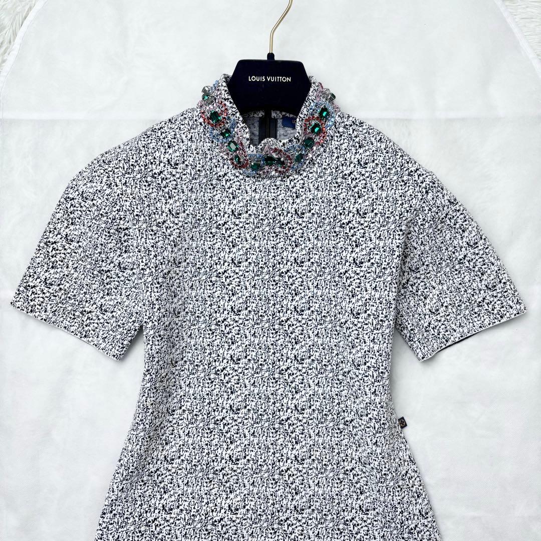 LOUIS VUITTON 総柄ワンピース ビジュー装飾 ひざ丈 ハイネック