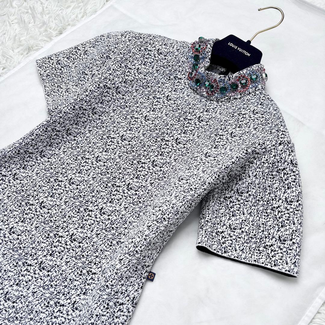 LOUIS VUITTON 総柄ワンピース ビジュー装飾 ひざ丈 ハイネック