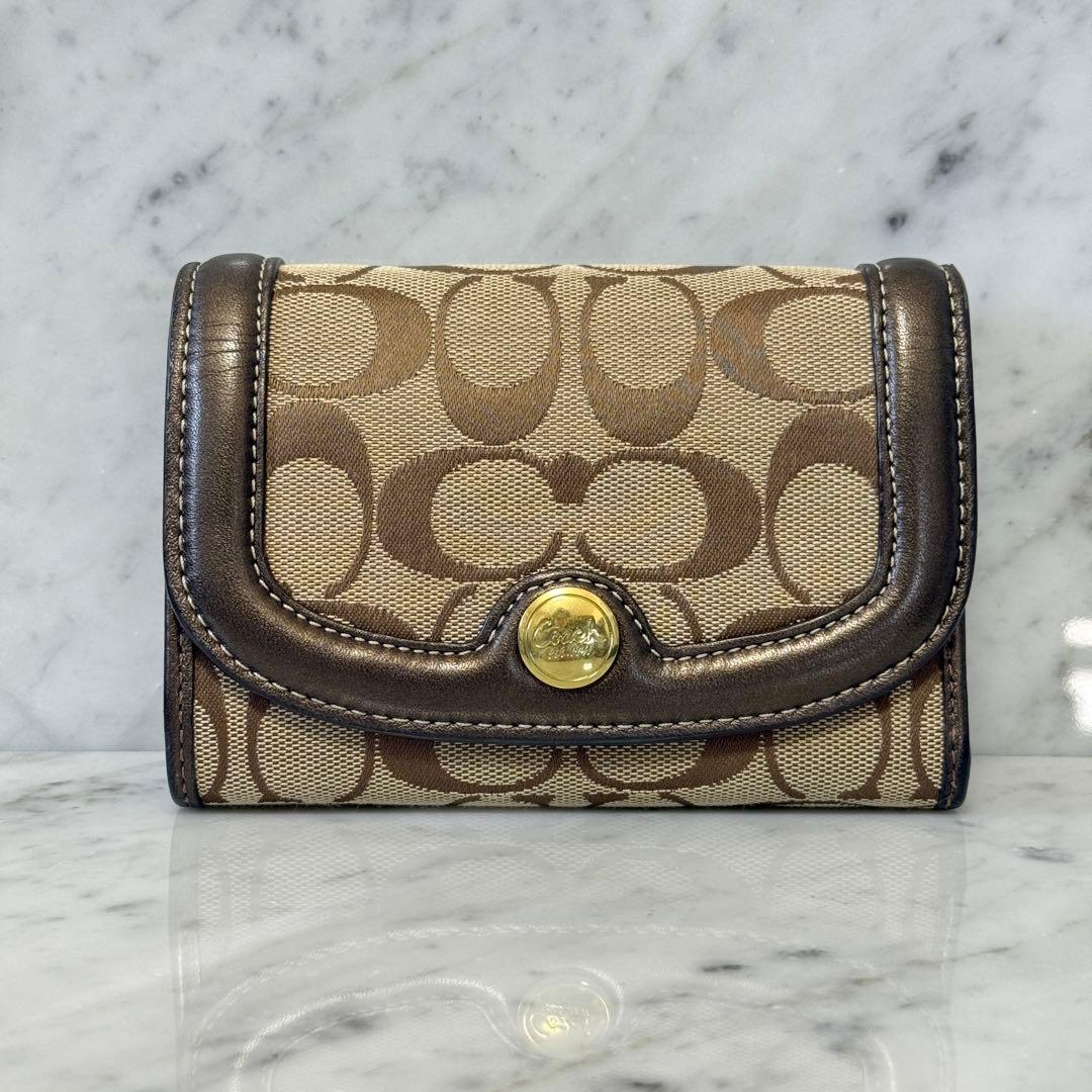 新品 未使用 COACH コーチ 三つ折り財布 ブロンズ レザー 肉厚