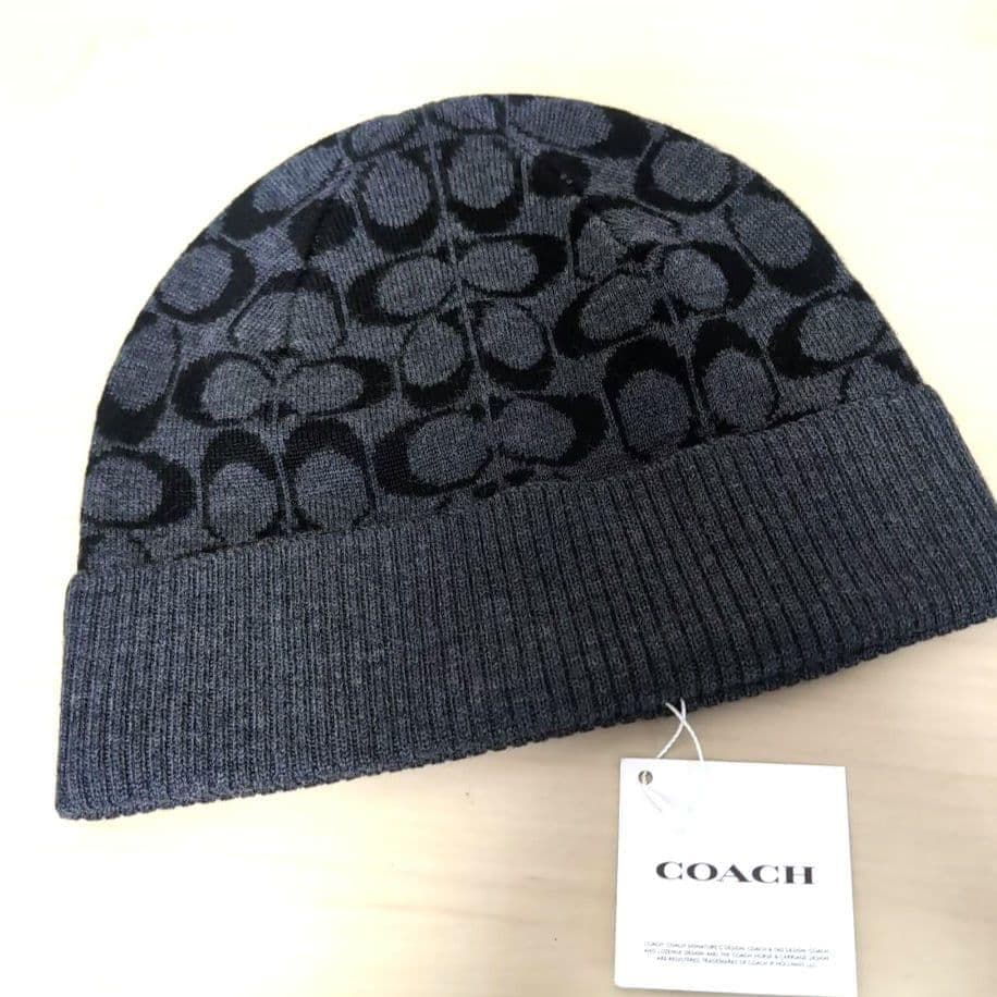 【COACH】コーチ 帽子 ニット帽 ロゴ ニット シグネチャ ダークグレー