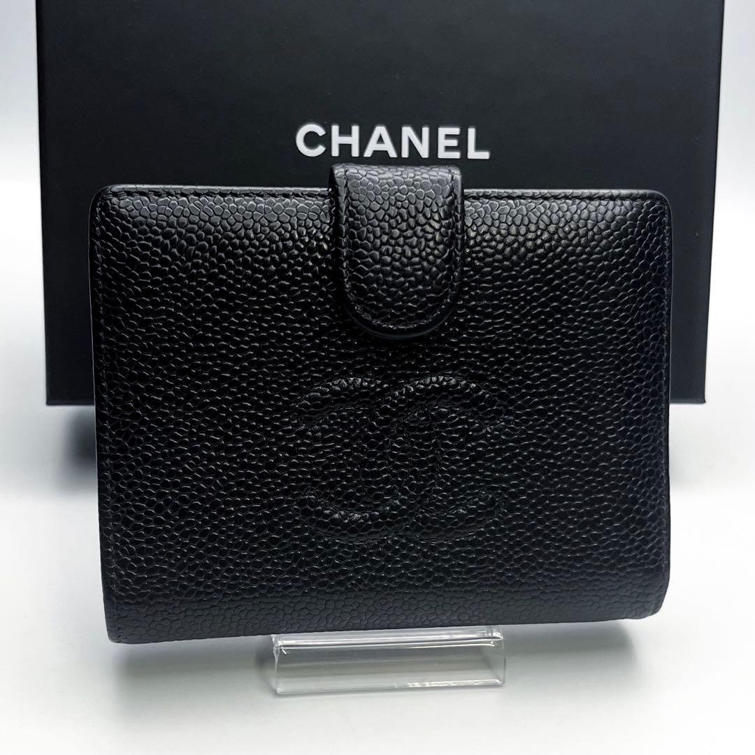 CHANEL がま口二つ折り キャビアスキン ココマーク 正規品保証 Z360