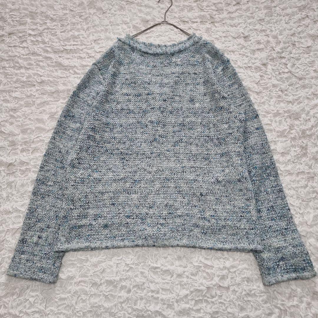 suadeo スアデオ フリンジ ツイード ニット カーディガン 金ボタン 青