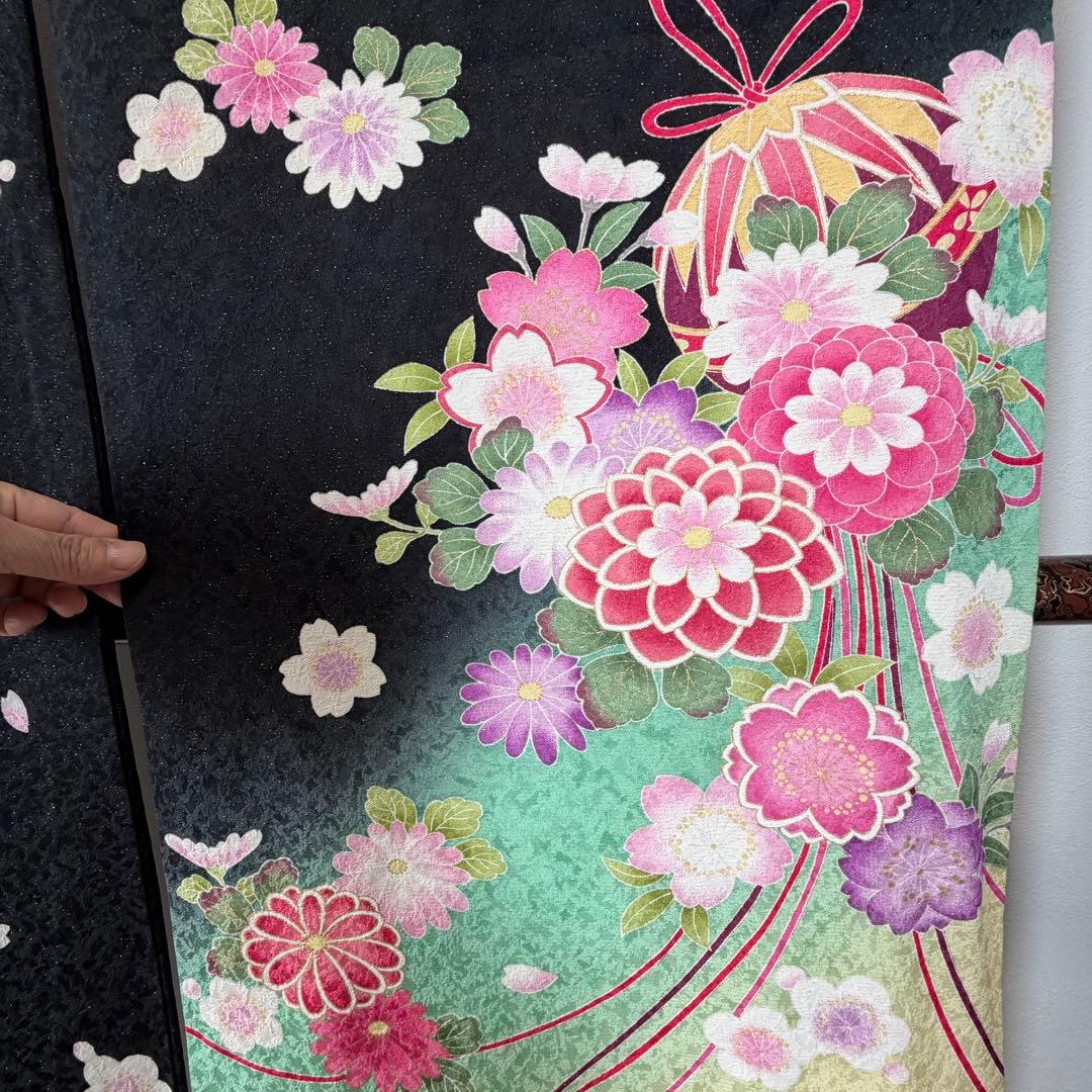 超美品　振袖　現代　成人式　着物　黒　ミント　ピンク　172裄68 トール　桜柄
