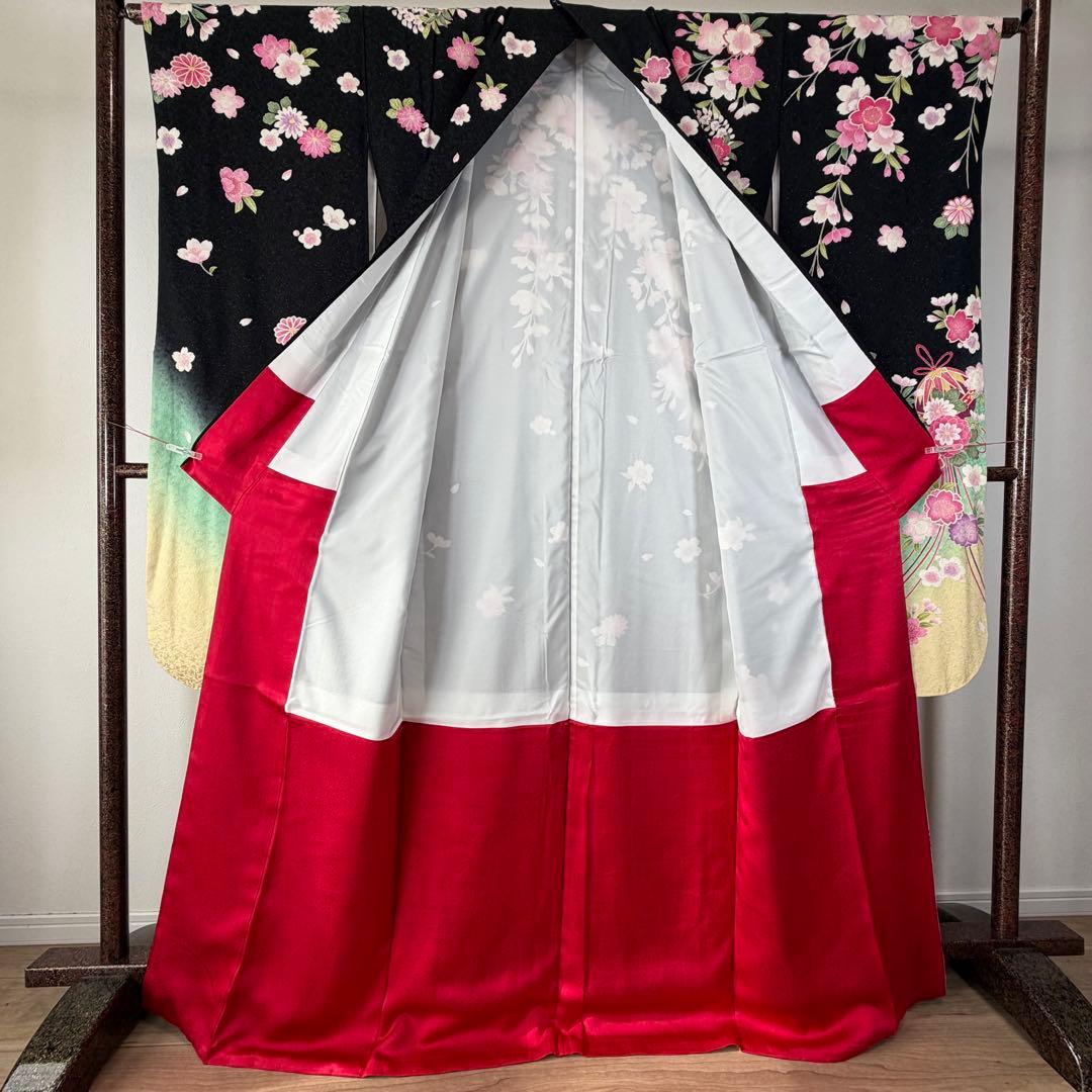 超美品　振袖　現代　成人式　着物　黒　ミント　ピンク　172裄68 トール　桜柄