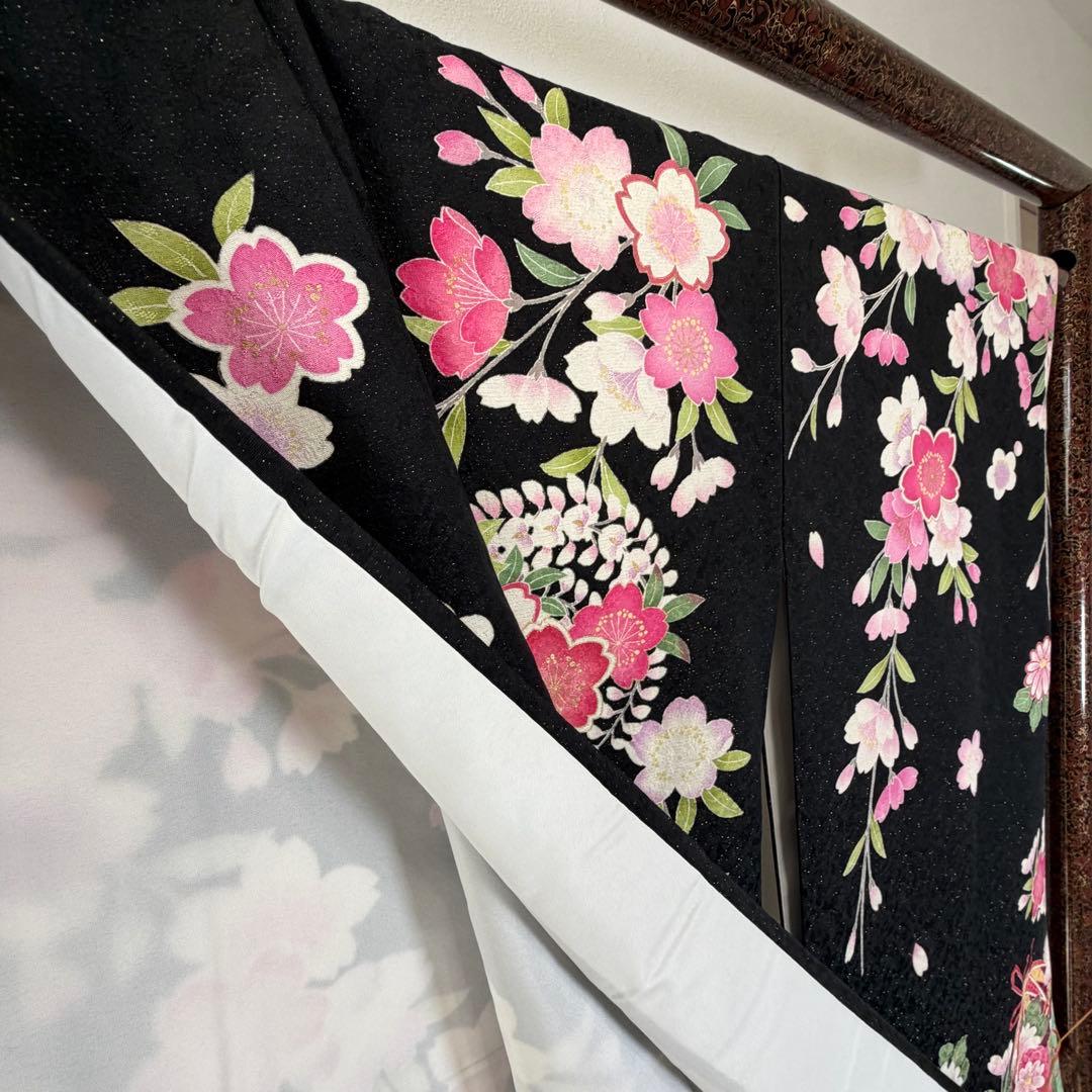 超美品　振袖　現代　成人式　着物　黒　ミント　ピンク　172裄68 トール　桜柄
