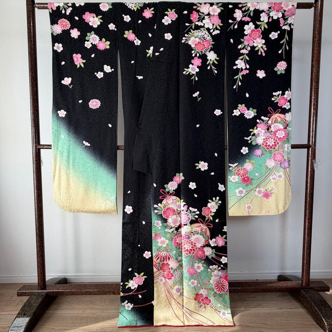 超美品　振袖　現代　成人式　着物　黒　ミント　ピンク　172裄68 トール　桜柄