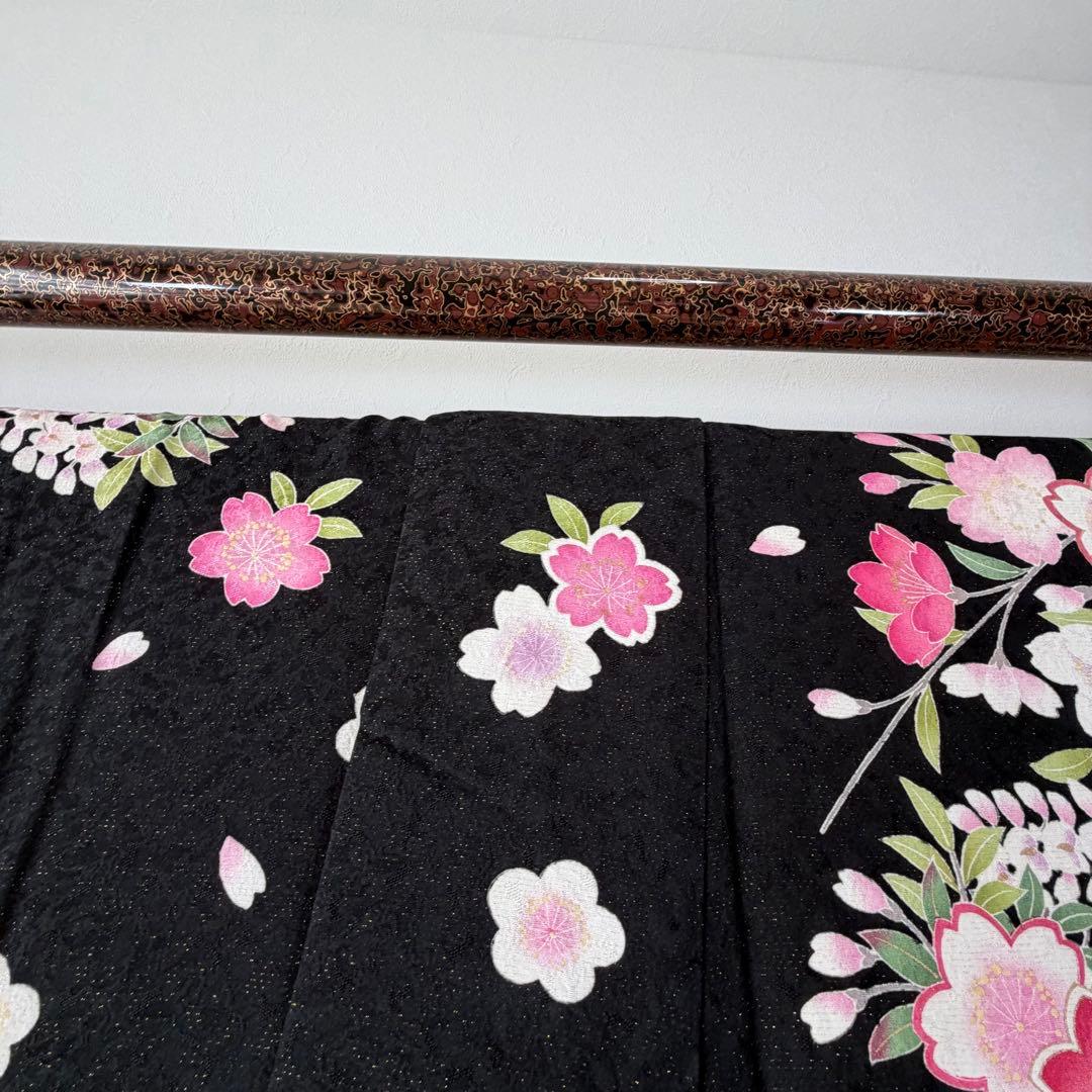 超美品　振袖　現代　成人式　着物　黒　ミント　ピンク　172裄68 トール　桜柄