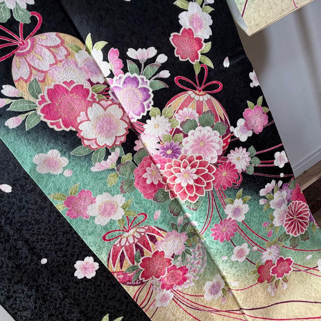 超美品　振袖　現代　成人式　着物　黒　ミント　ピンク　172裄68 トール　桜柄