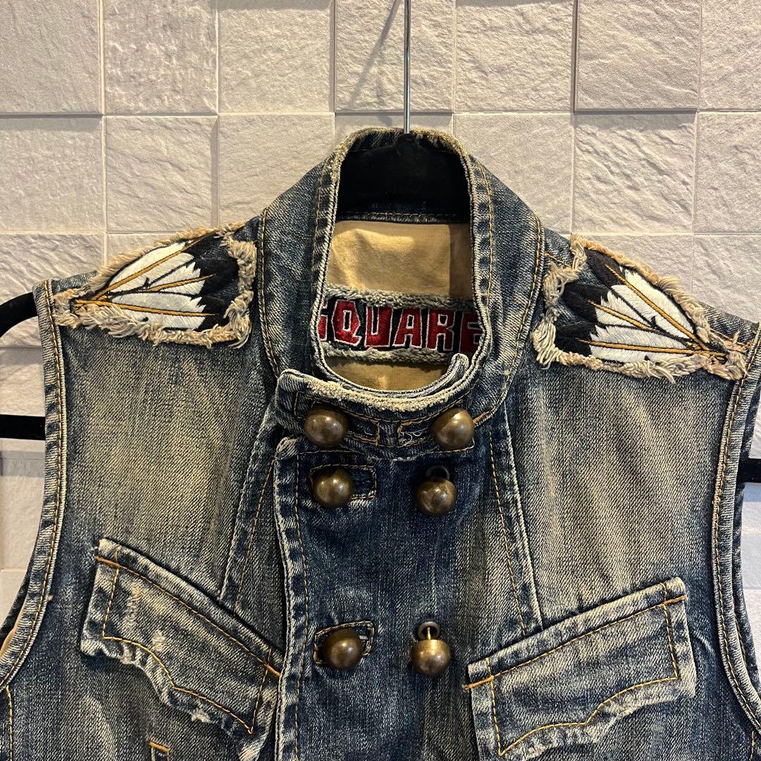 DSQUARED2 デニム ノースリーブ ベスト ビンテージ 羽 ワッペン44