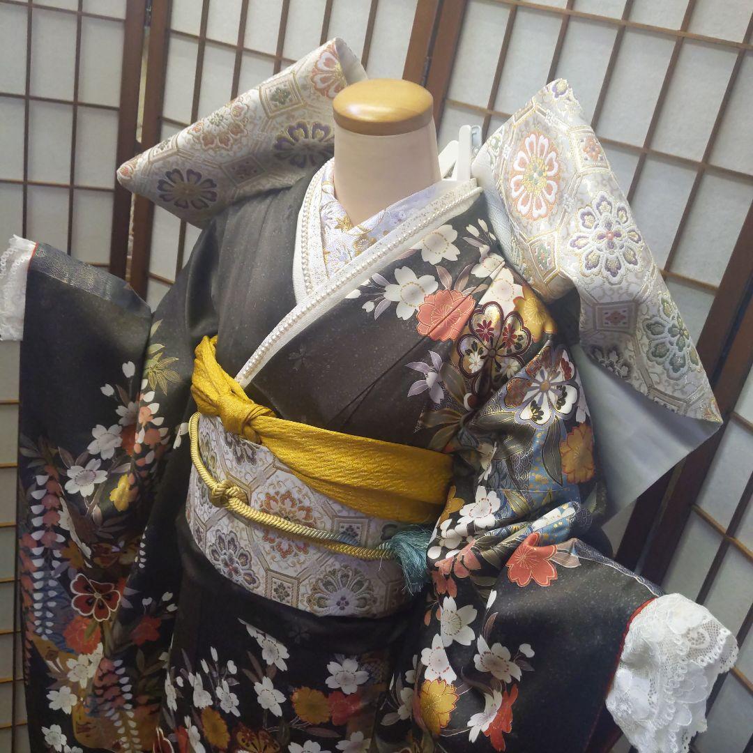 470古典柄　焦げ茶×深緑　金彩　正絹振袖7点フルセット成人式卒業結婚式謝恩会
