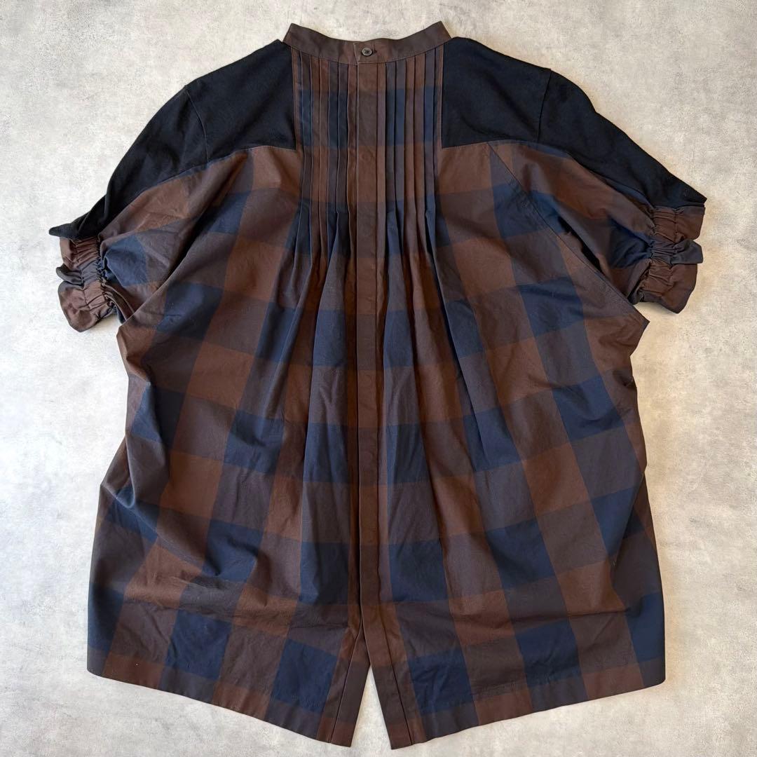 sacai 異素材切替 半袖カットソー ドッキング チェック バックプリーツ 3