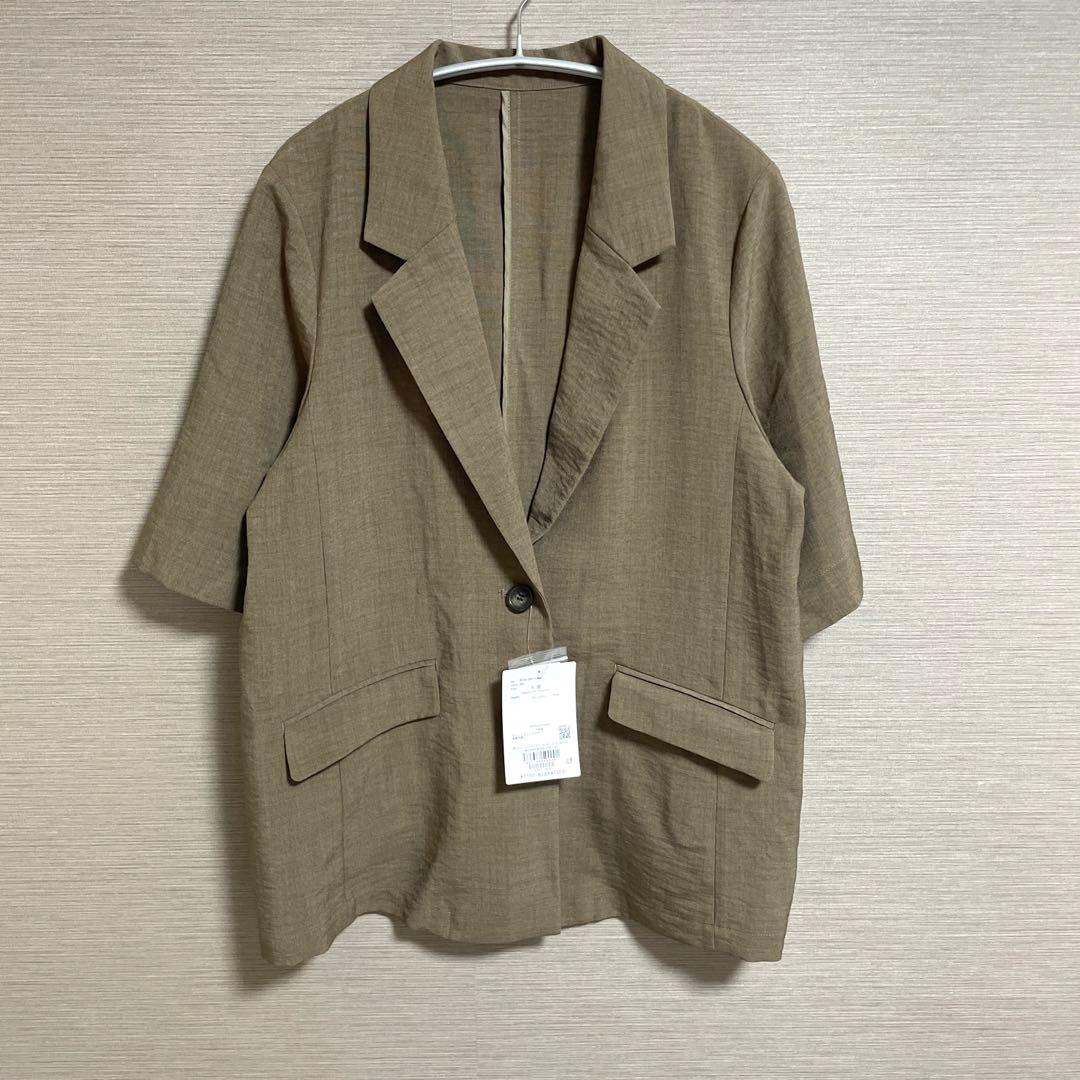 新品タグ付き　リネンライクハーフスリーブジャケット　カーキ　Ｍ