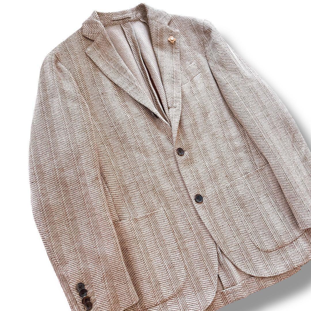 美品 LARDINI テーラードジャケット アンコン ヘリンボーン ベージュ