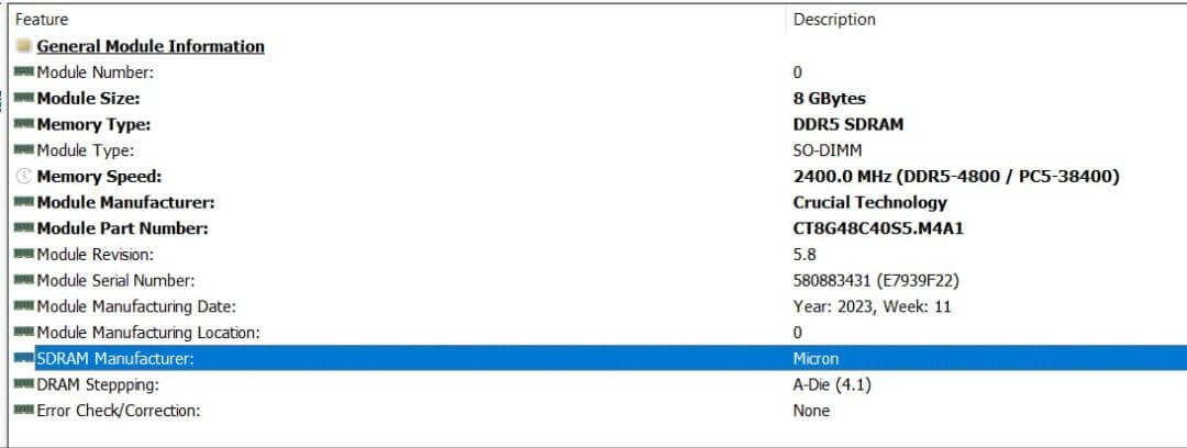 メモリー Crucial DDR5-4800 SODIMM 8x2 working