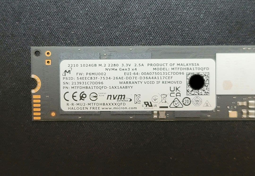 内蔵型SSD Micron SSD 1TB 2210 M.2 NVMe PCIe