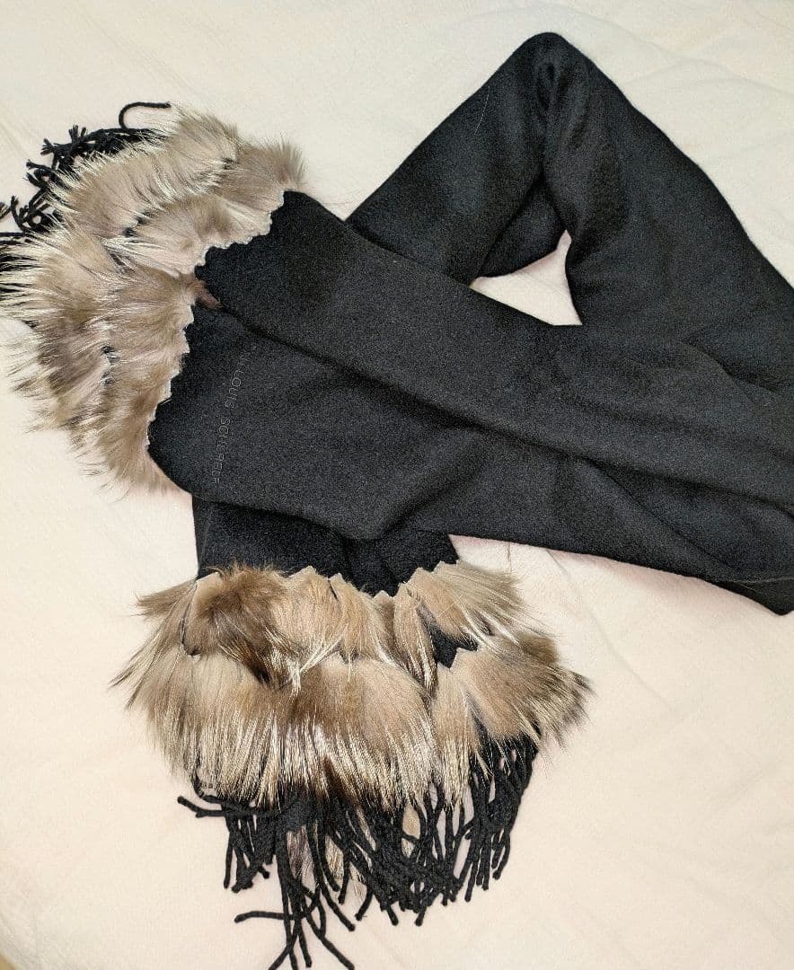【ジャン ルイシェレル】カシミヤ100%　ファー付き特大判ストール　ショール美品