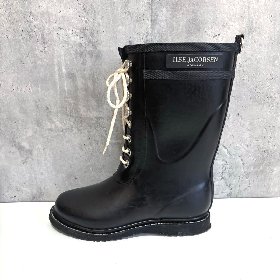 【ILSE JACOBSEN】ロングレインブーツ ブラック 38 レースアップ