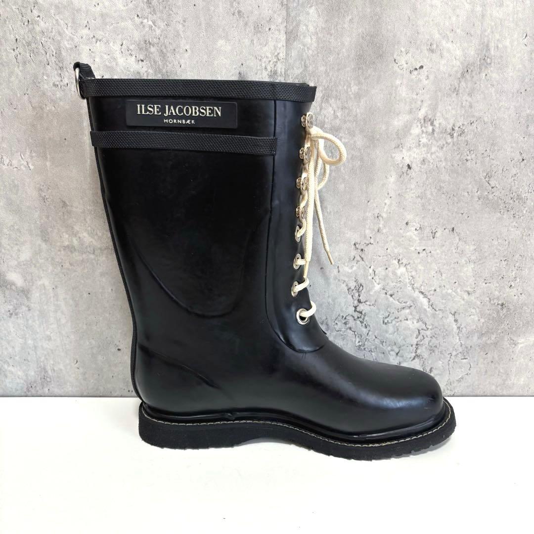 【ILSE JACOBSEN】ロングレインブーツ ブラック 38 レースアップ