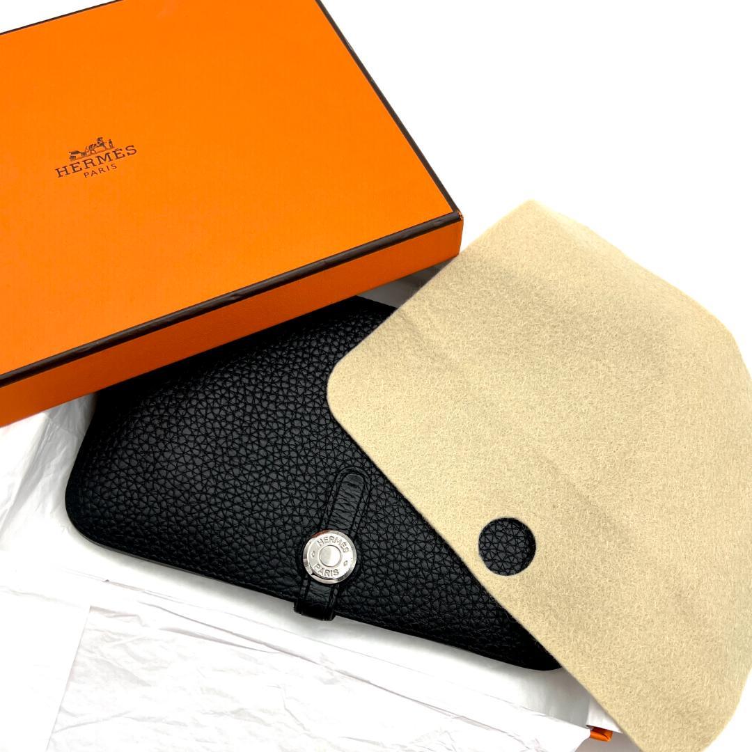 HERMES エルメス ドゴン GM ブラック 長財布 シルバー金具 C242