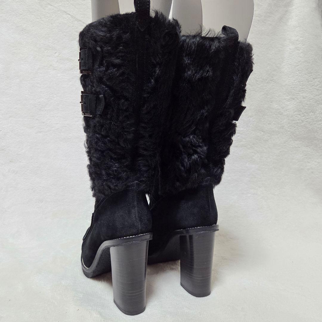 【美品】トッズ ムートン ロングブーツ スウェード ファー ボア 黒 22.5