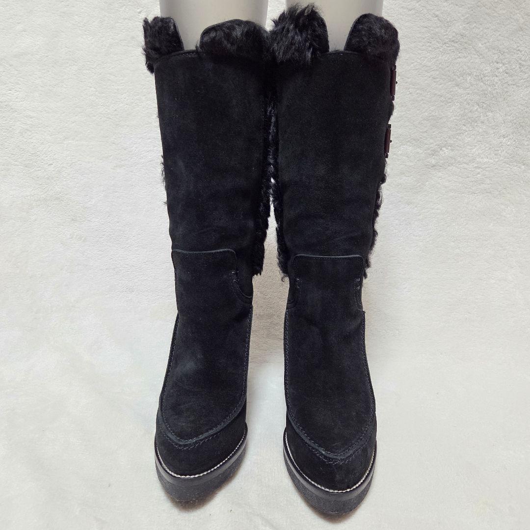 【美品】トッズ ムートン ロングブーツ スウェード ファー ボア 黒 22.5
