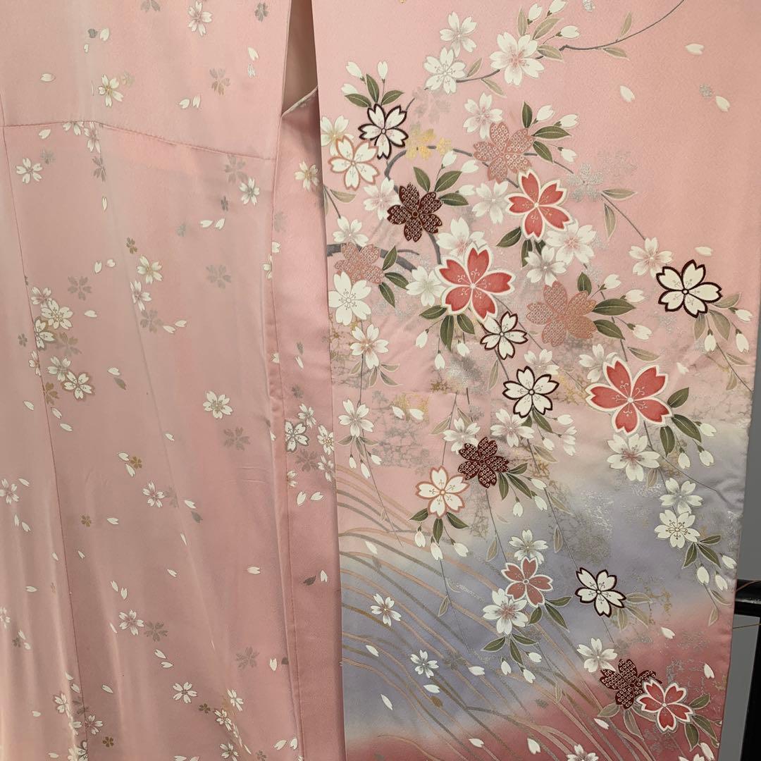 D15 正絹 振袖 桜模様 ピンク系 成人式 着物