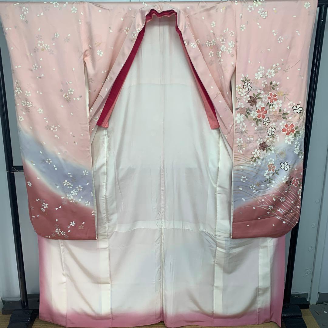 D15 正絹 振袖 桜模様 ピンク系 成人式 着物