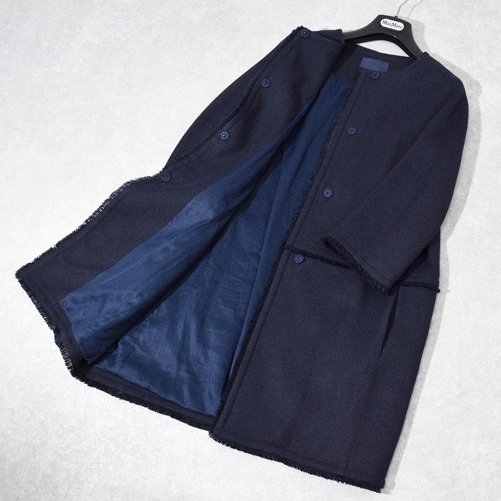 春夏 'S Max Mara リネン ノーカラーコート 40 ネイビー 7分袖