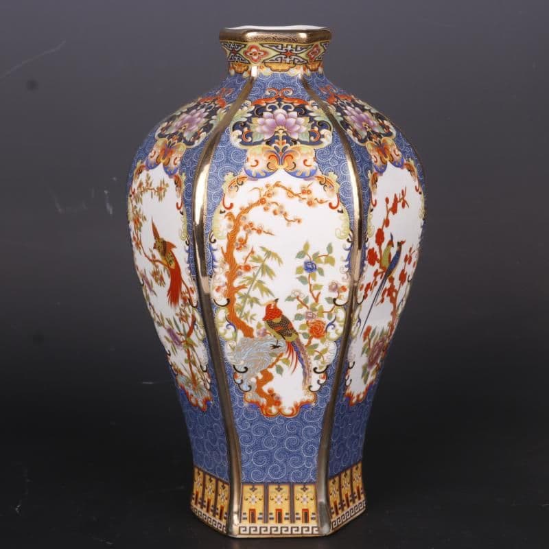清乾隆蒔金琺瑯彩花鳥六方梅瓶 景徳鎮 陶磁器 装飾品 工芸品 美術品 置物