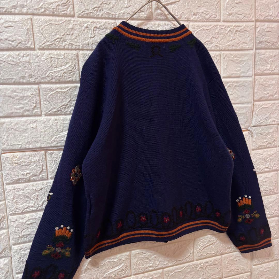 レトロ ヴィンテージ カーディガン 花柄 刺繍 ウール100% Dusol