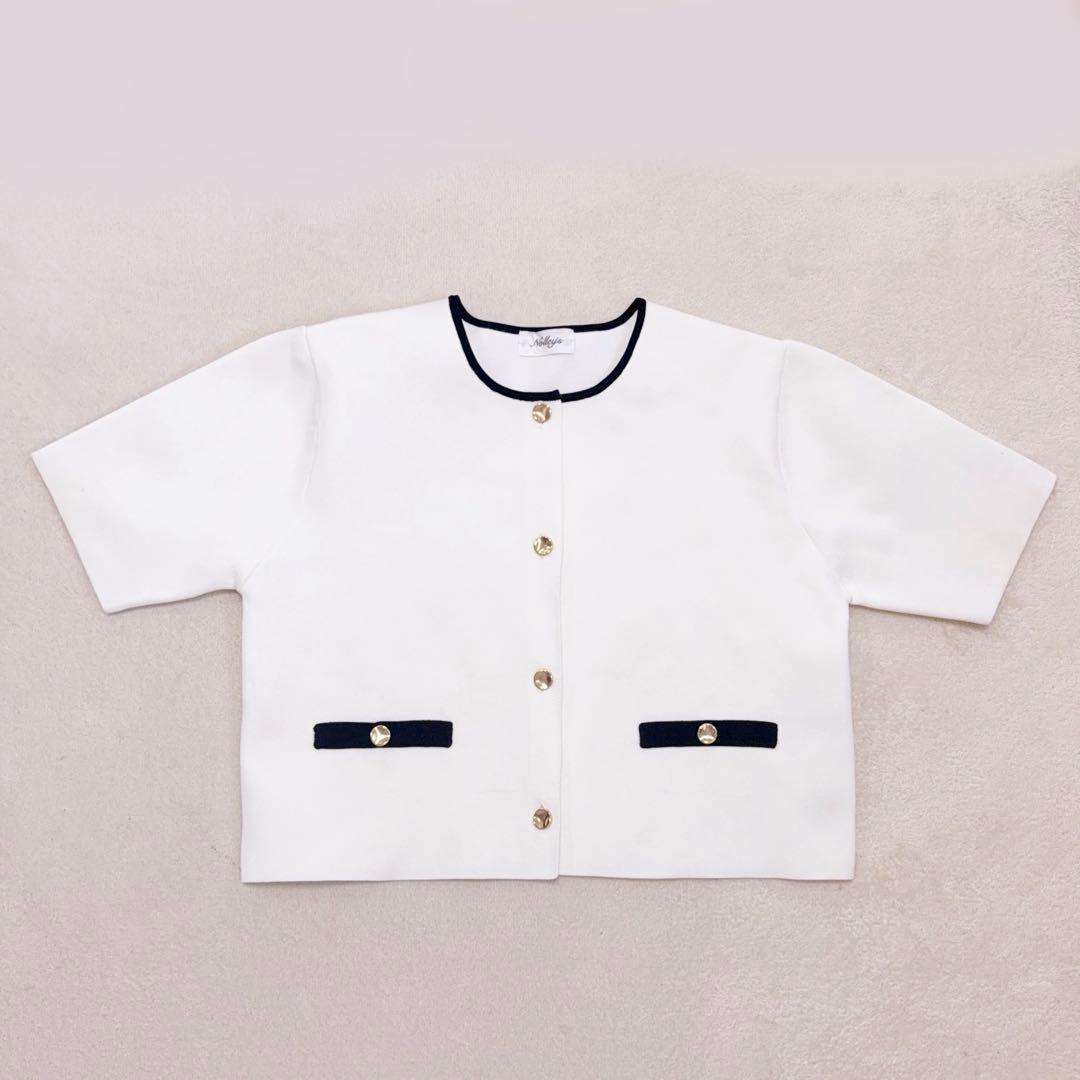 【美品】ノーリーズ　ミラノリブ半袖ジャケット　ニット　ホワイト