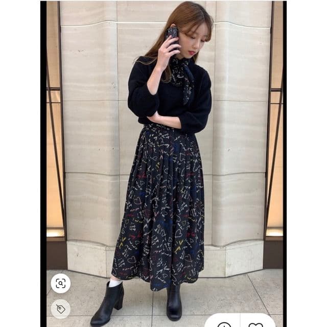 agnes b メッセージフレアロングスカート　ロゴ　ハート　ブラック黒　36