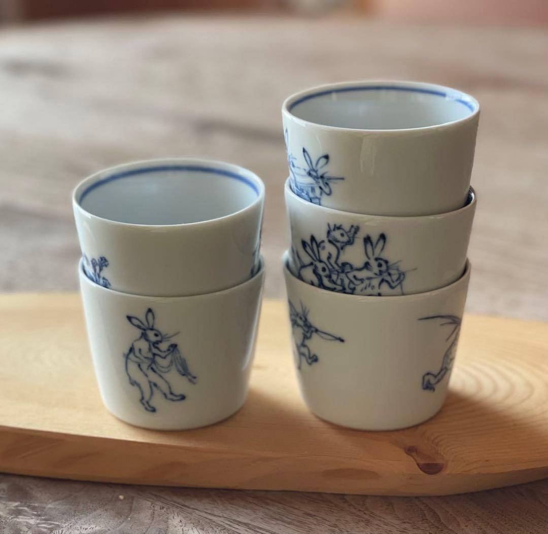 ウズラン様 染付 鳥獣戯画 ごはん茶碗5こ＋そばちょこカップ5こ