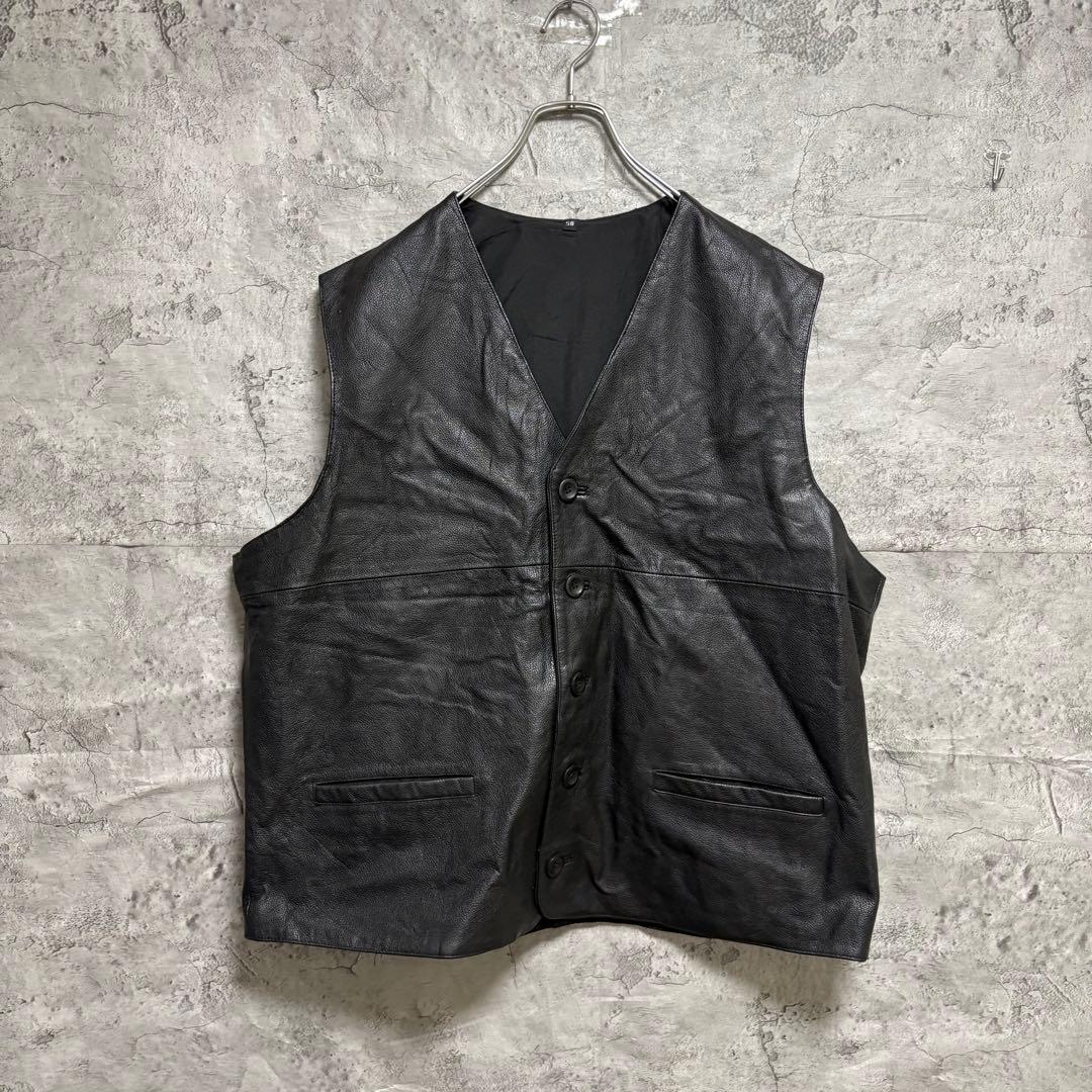 古着　レザーベスト　ブラック　本革　ビンテージ　2XL